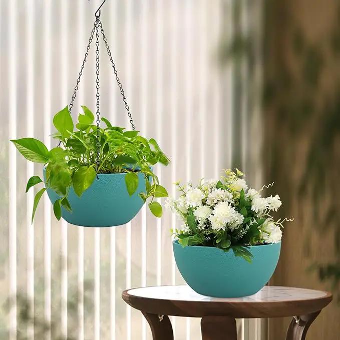 10 inch Hanging Planters for Indoor Outdoor Plants, 2 Pack Hanging Flower Pots with Drainage Holes and Chain for Garden Porch, Plastic Hanging Baskets for House Plants, Blue Green by GreenHaven Gardens