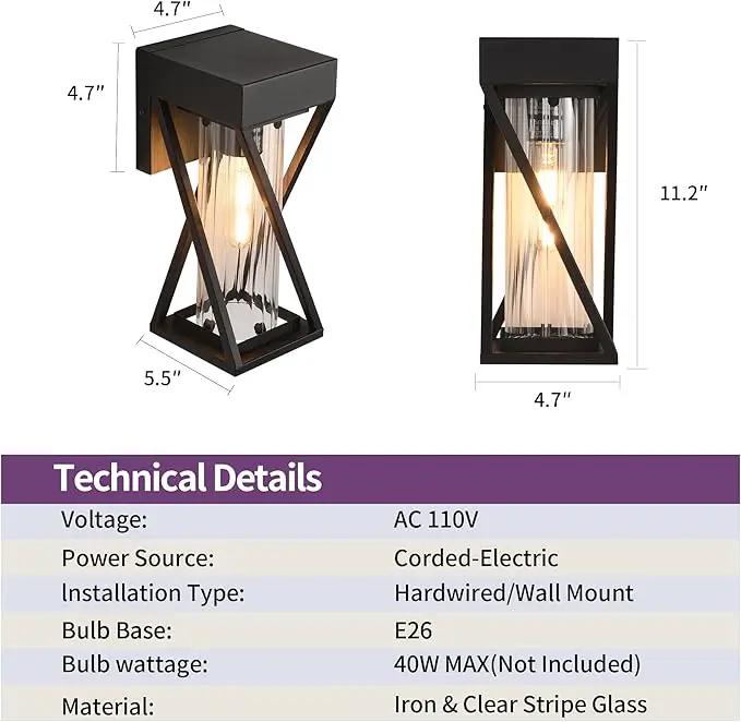Outdoor Wall Lights Set of 2, Exterior Sconce Lighting Fixtures, Black Outdoor Porch Lights, Outdoor Wall Lantern with Clear Stripe Glass for Patio, Garage by GreenHaven Gardens