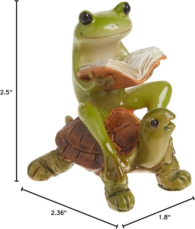 Top Collection Miniature Fairy Garden & Terrarium Frog Reading Book on Turtle Statue, Small, Green, Orange by GreenHaven Gardens