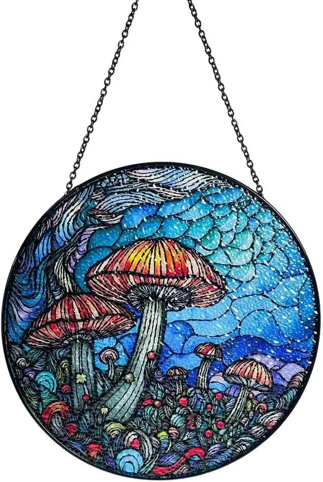 Stained Glass Window Hanging - 7.8‘’ "Enchanted Forest Mushroom Suncatcher for Home and Office Décor Sun Catcher Circular Artwork by GreenHaven Gardens