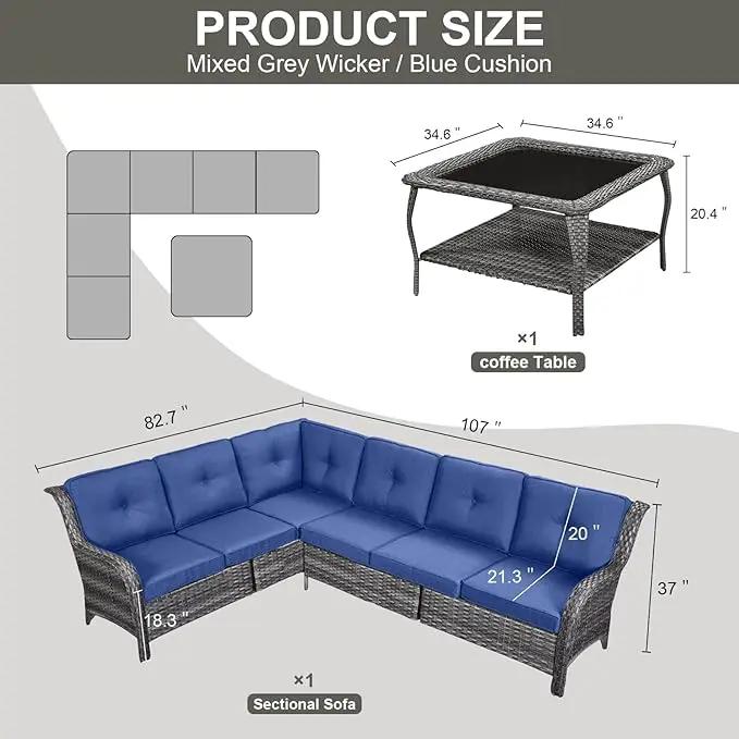 Outdoor Furniture Sectional Sofa L Shaped Couch - Patio Wicker Furniture Set with Coffee Table, 3 Piece Rattan Patio Conversation Sets with Blue Cushion for Deck Backyard Sunroom by GreenHaven Gardens