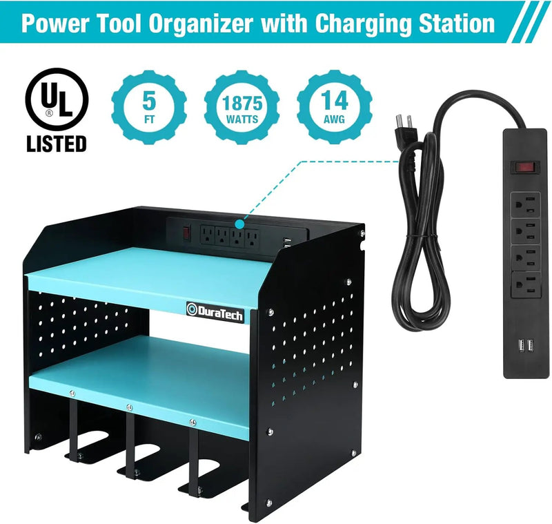 DURATECH Power Tool Organizer Wall Mount with Power Strip, Carbon Steel, Blue, 16.8in Width, 10.9in Depth, 14in Height by GreenHaven Gardens