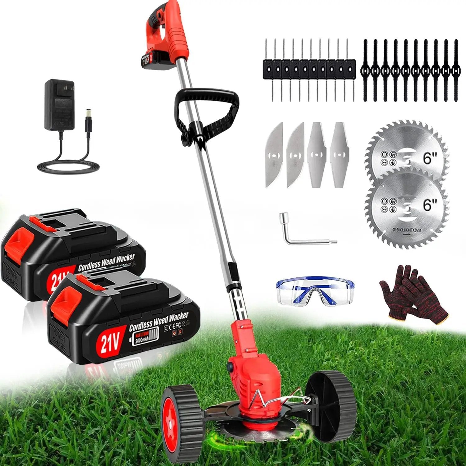 Electric Weed Wacker Eater Cordless Battery Powered, Weed Trimmer 21V Lightweight No-String with 2 Battery Operated & Wheels, 3 in 1 Stringless Grass Trimmer/Edger/Brush Cutter for Garden Yard Lawn by GreenHaven Gardens
