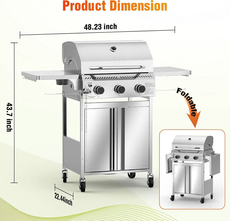 3-Burner Gas Grill with Folding Side Tables,Stainless Steel 24,000 BTU BBQ Grill,Outdoor Propane Grill for Barbecue,Patio,Camping by GreenHaven Gardens