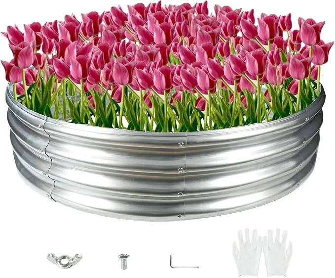 Durable Round Galvanized Steel Raised Garden Bed for Planting,Round Galvanized Steel Fire Ring/Fir Pit for Outdoor- 4×4×1FT,0.8MM Thick Black (47 ins Diameter x 12 ins high, Silver) by GreenHaven Gardens