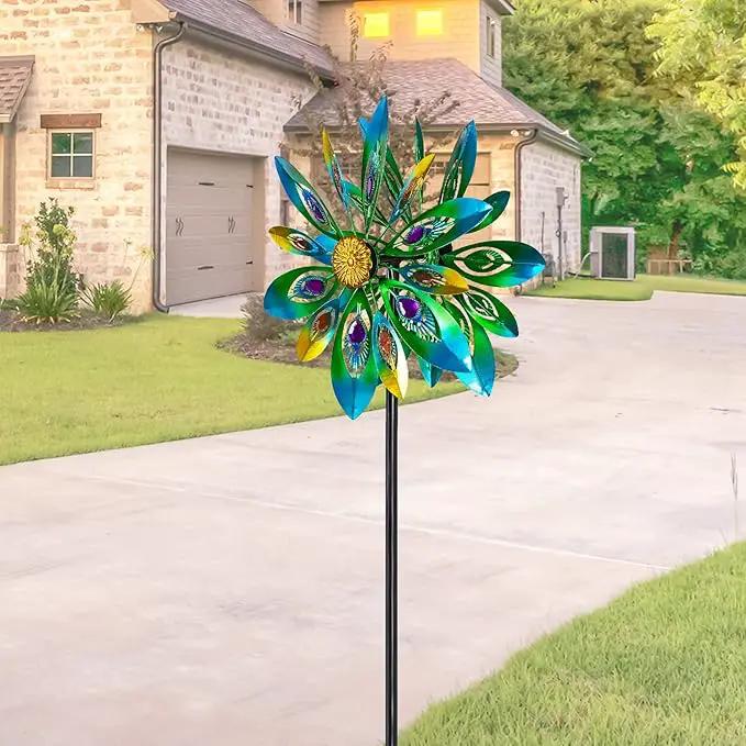 53 Inch Wind Spinner - Outdoor Metal Peacock Wind Sculptures for Garden, Patio, Yard, Lawn Decorations Double Windmill Spinner by GreenHaven Gardens