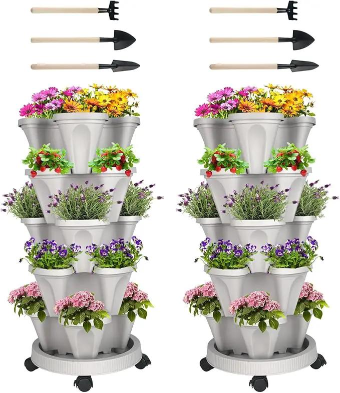 Vertical Planter 5 Tier Stackable Planters Garden Planters Strawberry Herb Flower and Vegetable Planter Indoor Outdoor Gardening Pots with Removable Wheels and Tools 2-Pack by GreenHaven Gardens