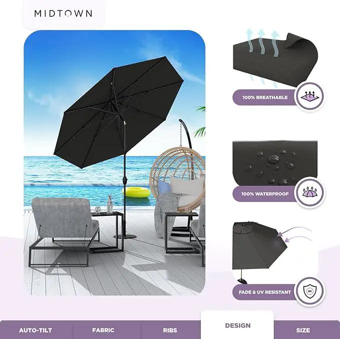 Midtown Umbrellas Sunbrella Umbrella 10 Feet Large Outdoor Umbrella With Sunbrella Black Acrylic Fabric - Auto-Tilt Aluminum Frame Large Patio Umbrella For Backyard, Deck, Garden, Pool - Black Pole by GreenHaven Gardens