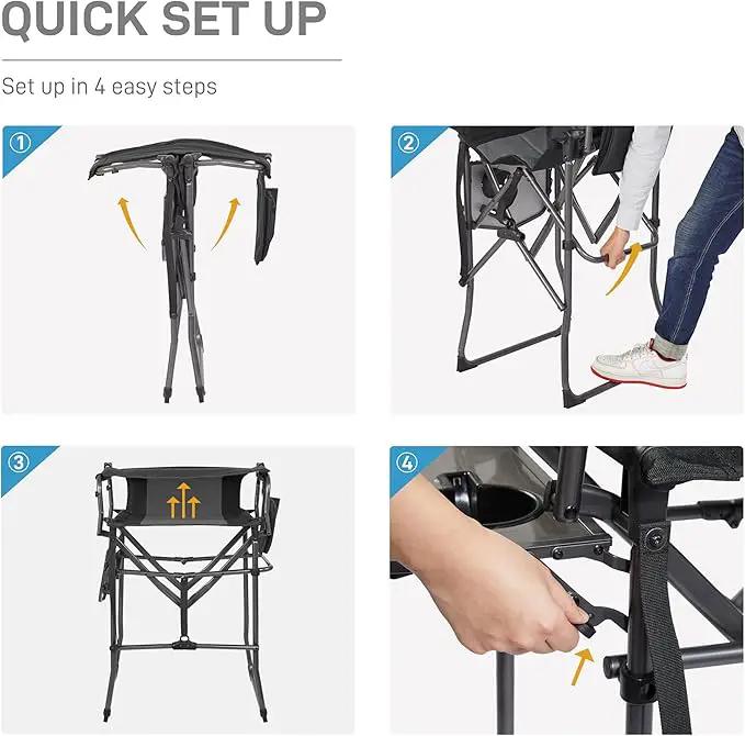 EVER ADVANCED 2 Piece Portable 30.7" Seat Height Tall Folding Camping Chair Directors Chair High with Side Table for Makeup Artist, Sports Event, Craft Show, Supports 350LBS Black Grey by GreenHaven Gardens