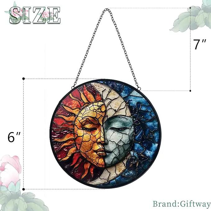 Sun and Moon Decor Suncatcher Stained Glass Window Hanging - Handmade Stained Glass Suncatchers Hanging Decoration with Metal Chain - Outdoor Garden Decor Gift for Women Christmas Thanksgiving Gifts by GreenHaven Gardens