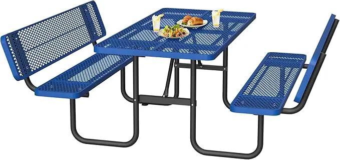 79'' Steel Rectangular Picnic Table for Outdoors, with backrest, Expanded, Lifetime Picnic Table with Umbrella Hole, Heavy Duty Sturdy Commercial Picnic Tables for Garden Courtyard BBQ, Blue by GreenHaven Gardens