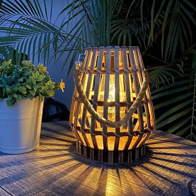 Solar Hanging Lantern Outdoor , Waterproof Natural Bamboo Lanterns with Handle Edison Bulb Design Solar Table Lamp Lights Decoration for Courtyard Patio Garden Farmhouse by GreenHaven Gardens