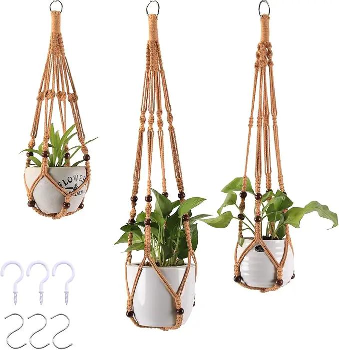 3-Pack Macrame Plant Hanger Indoor - Hanging Planter Basket for Indoor Outdoor - Decorative Boho Plant Holders Set with Beads - Ceiling Flower Pot Holder with 6 Hooks - 35"/30"/24" Brown by GreenHaven Gardens