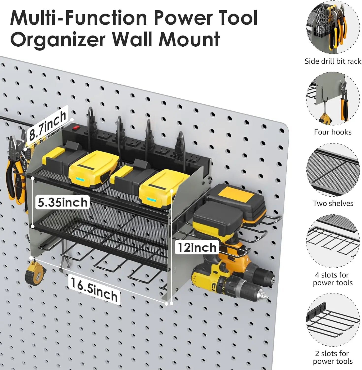 CCCEI Modular Power Tool Organizer Wall Mount Charging Station, Grey 6 Drills Holder with 8 Plug Power Strip 6FT, Garage Drill Battery Heavy Duty Metal Shelf, Utility Rack with Hooks, Side Storage. by GreenHaven Gardens