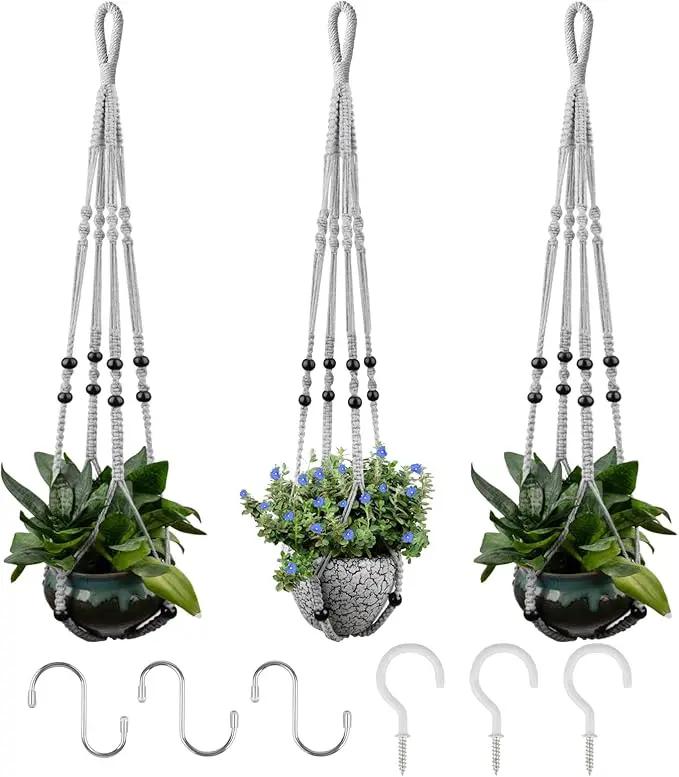 RIFNY Macrame Plant Hanger for 5 to 10 Inch Plant Pots, 35 Inch Indoor Handmade Woven Rope Hanger Kits with Hooks and Wood Beads, Hanging Planter Basket Holder for Boho Home Decor (Grey, 3 Pack) by GreenHaven Gardens