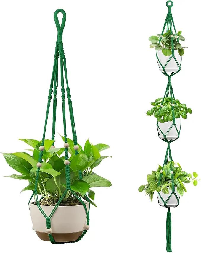 USLAI Macrame Plant Hanger Indoor Outdoor, Up to 4-15 inch Pot, Heavy 20lb Planters, Extra Long Strong Hanging Planter Basket Holder, Boho Home Decor, 35+72 Inch, Green (POTS NOT Included) by GreenHaven Gardens