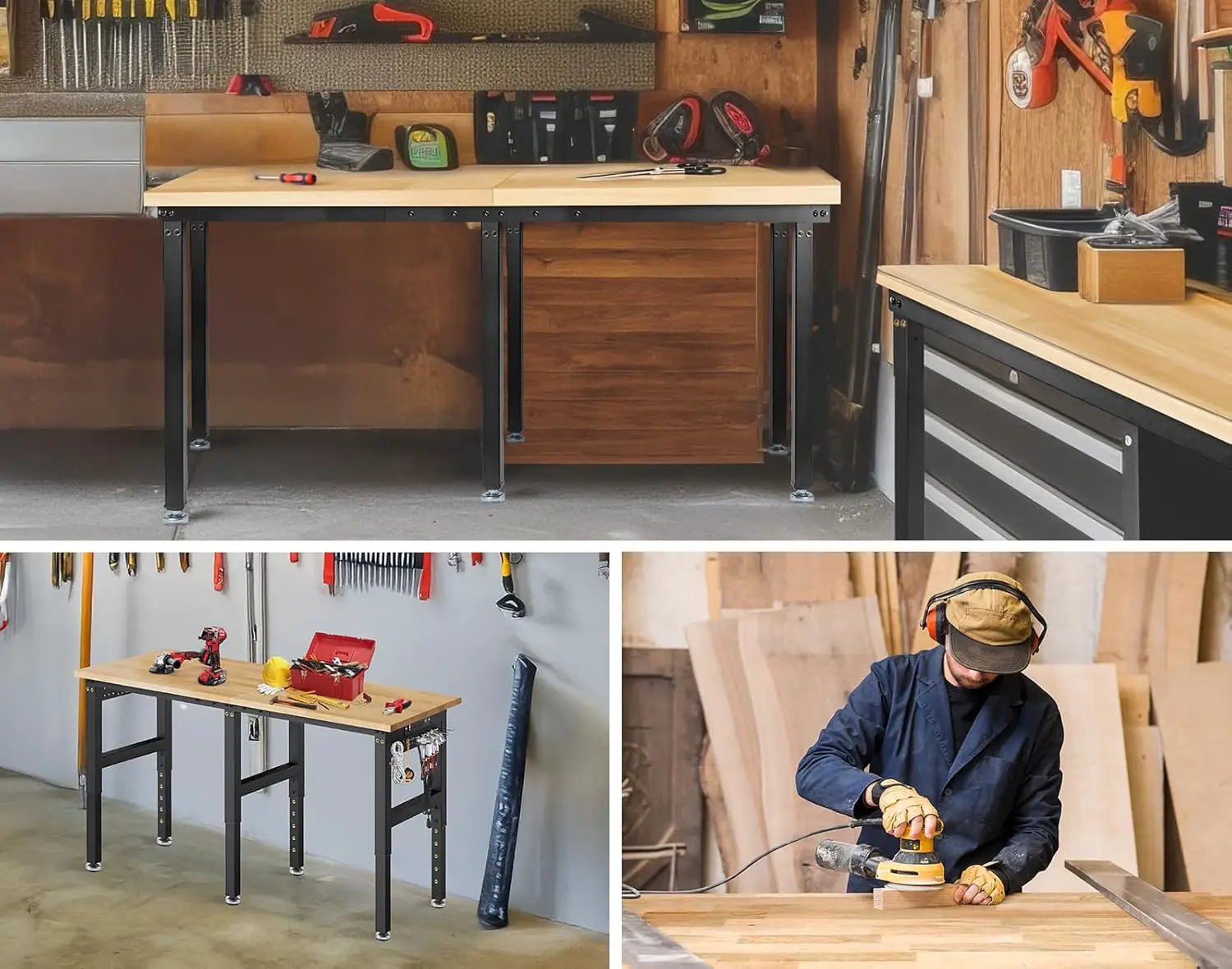 72” Adjustable Height Workbench, 5000 LBS Heavy Duty Table Rubber Wood Workstation with Power Outlet & Pegboard for Garage, Office, Workshop, Home,Commercial by GreenHaven Gardens
