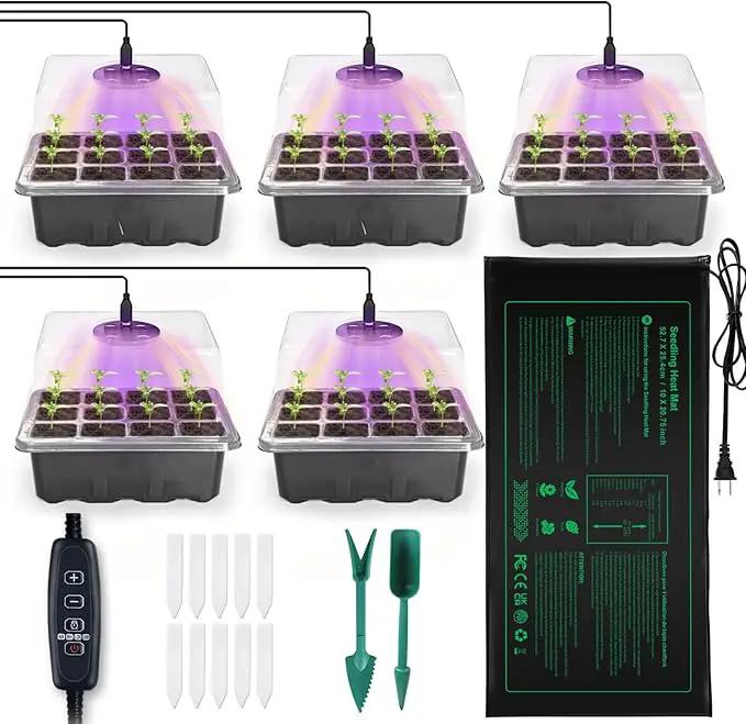 NAMOTEK 5 Pack Seed Starter Tray with Heat Mat and Grow Light Humidity Domes, 60 Cell Trays Germination Station Cloning Kit by GreenHaven Gardens