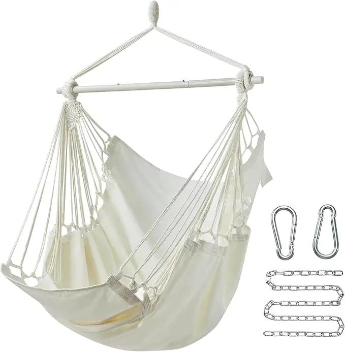 Hanging Hammock Chair Swing MAX 500 lbs Outdoor Hanging Chair with Footrest Indoor Swing Chair with Portable Steel Spreader Bar and Hardware Kit for Bedroom Living Room Patio Porch - White by GreenHaven Gardens