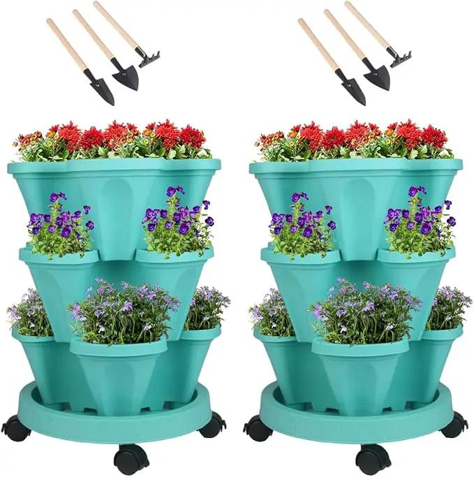 Vertical Planter 3 Tier Stackable Planters Garden Planters Strawberry Herb Flower and Vegetable Planter Indoor Outdoor Gardening Pots with Removable Wheels and Tools by GreenHaven Gardens
