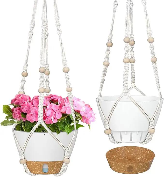 ZMTECH 2 Pack 10 Inch White Hanging Planters with Macrame Plant Hanger for Indoor and Outdoor Plants, Self Watering, Drainage Hole, Visible Level Tray by GreenHaven Gardens