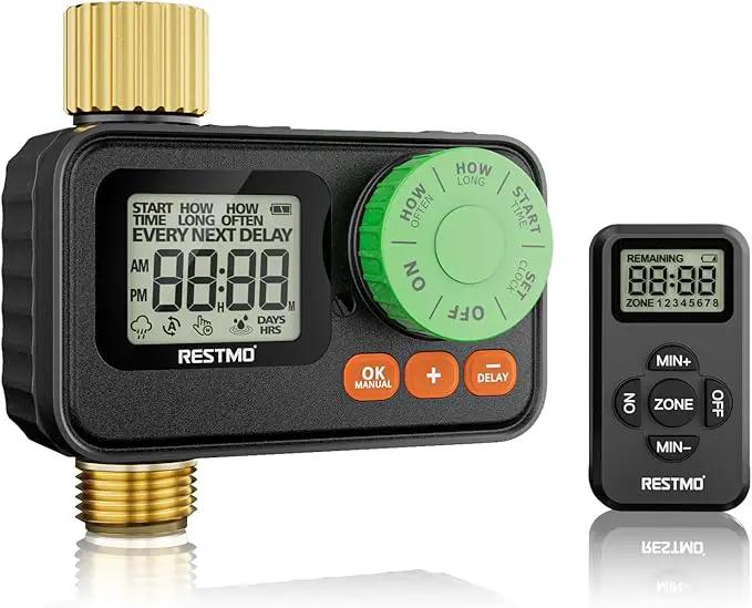 RESTMO RF Remote Controlled Sprinkler Timer with Brass Inlet & Outlet, Programmable Water Timer for Garden Hose, Automatic | Manual | Rain Delay for Outdoor Faucet, Drip Irrigation and Lawn Watering by GreenHaven Gardens