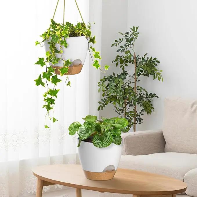 ZMTECH 10 Inch Hanging Planters for Indoor Outdoor Plants, 2 Pack Self Watering Hanging Plant Pots with Drainage Holes and Removable Saucer, Plastic Flower Hanging Pots with Watering Lip (White) by GreenHaven Gardens