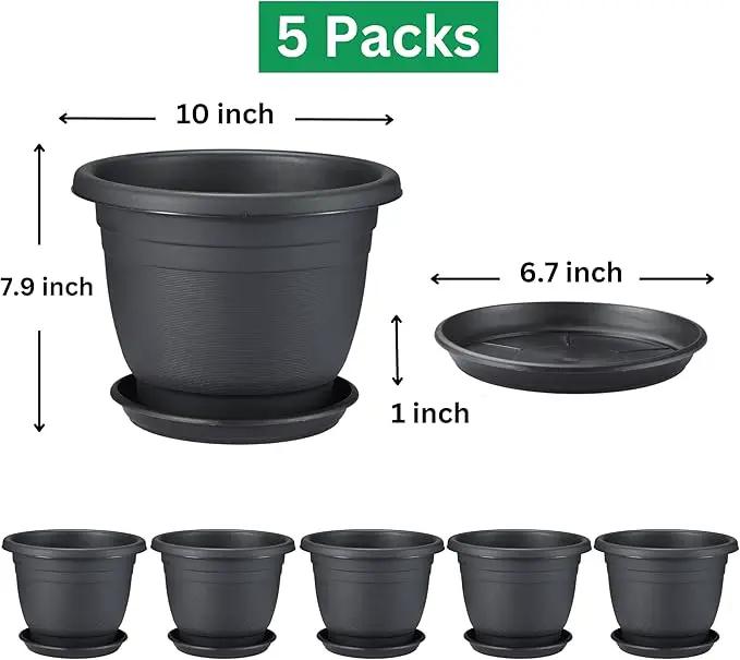 5 Packs 10 inch Plant Pots + Saucer, Planters for Indoor & Outdoor Plants with Drainage Holes | Plastic Flower Pots, Large Planter (Black, 10 inch) by GreenHaven Gardens