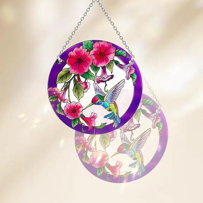 Larger Purple Stained Glass Window Hanging, Hummingbird Gifts for Women, Bird and Flowers Suncatcher, Hummingbird Gifts for Women, Bird and Flowers Suncatcher for Window, Hand Painted Glass by GreenHaven Gardens