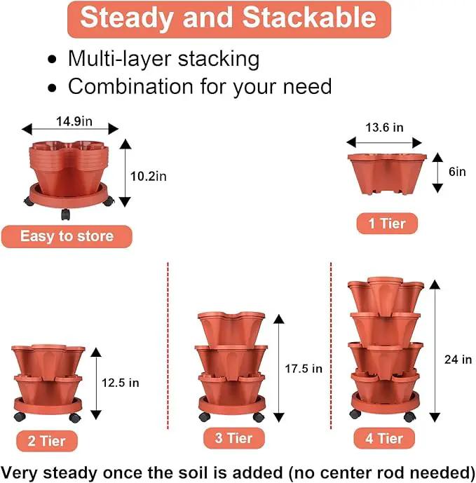 Vertical Planter 4 Tier Stackable Planters Garden Planters Strawberry Herb Flower and Vegetable Planter Indoor Outdoor Gardening Pots with Removable Wheels and Tools by GreenHaven Gardens