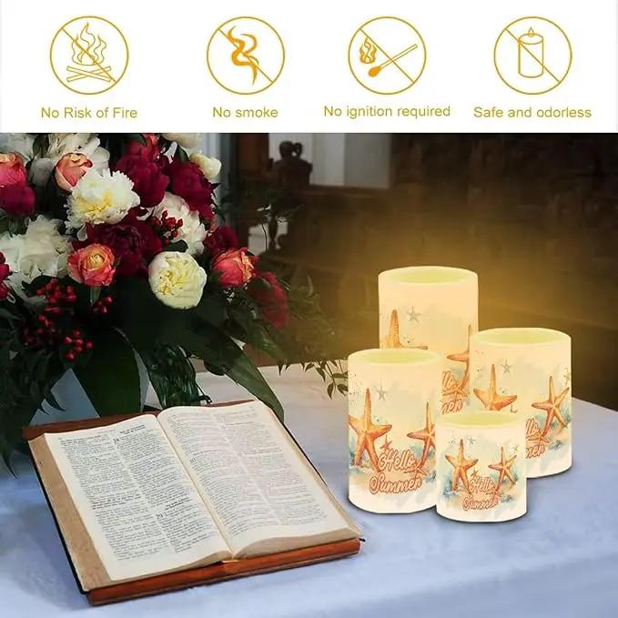 Flameless LED Candles Electric Candles with Remote Timer Control Color Changing Long Lasting Tealights Fake Candles Set of 4, Beach Themed Home Decoration, Starfish Hello Summer by GreenHaven Gardens