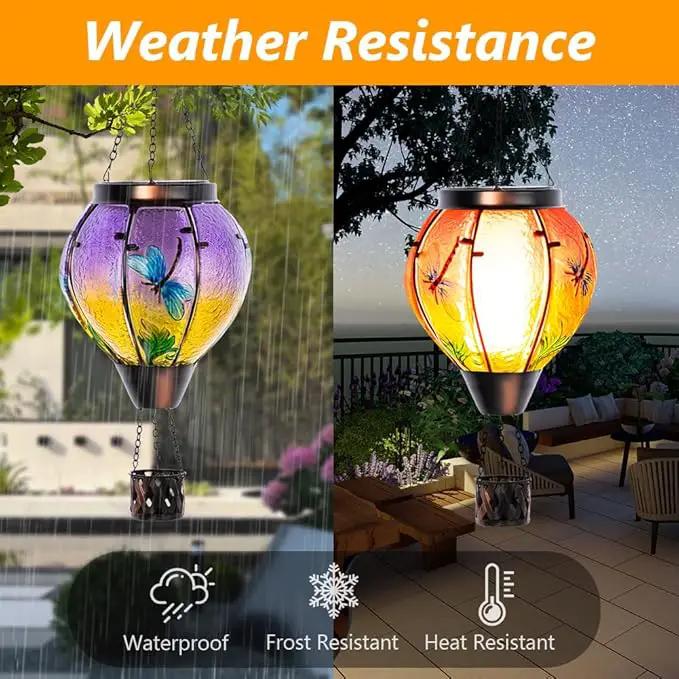 Starsoul Dragonfly Hot Air Balloon Solar Lantern Outdoor Glass Hanging Hot Air Balloon Lantern with Flame Light Waterproof for Patio Pathway Yard Porch Backyard Decor by GreenHaven Gardens