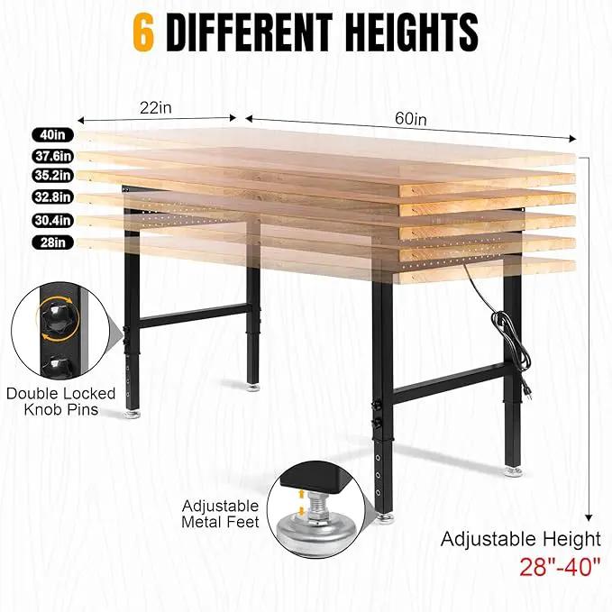 Height Adjustable Workbench 60”×22” Heavy Duty Work Table 2000 LBS Load Capacity Rubber Wood Work Station with Power Outlet & Pegboard for Garage, Office, Workshop, Home, Party Shop by GreenHaven Gardens
