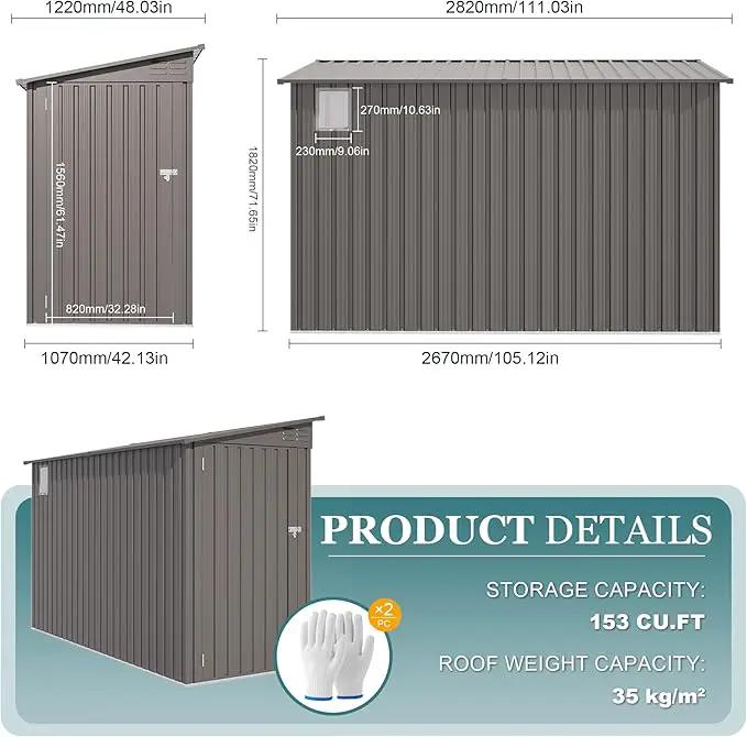 4 * 9.2 FT Outdoor Storage Shed, Galvanized Steel Garden Shed with Lockable Door & Window, Waterproof Metal Tool Storage for Garden, Backyard, Patio, Lawn(Gray) by GreenHaven Gardens