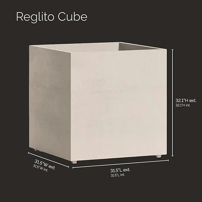 Reglito Cube Planter – Fiberglass Indoor/Outdoor and Weather-Resistant Large Planter (Sand Stone, 31.5" L x 31.5" W x 32.1" H) by GreenHaven Gardens