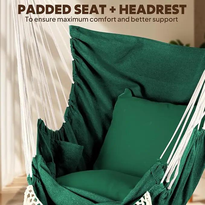 Chihee Hammock Chair Hanging Chair with Foot Rest 2 Cushions Max 500lbs Robust Metal Spreader Bar Collapsible Easy Storage Soft Cotton Swing Chair Strong Strap Iron Carabiner Side Pocket Included by GreenHaven Gardens