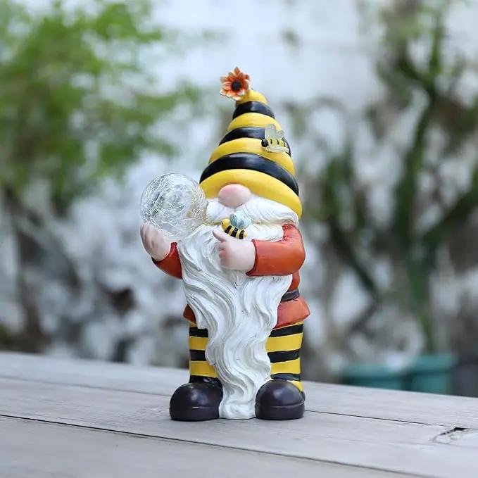 Solar Garden Gnome Statue, Resin Bee Gnome Figurine with Flower and Crackle Glass Globe Lights for Outdoor Decor, Porch Patio Yard Decorations, Garden Gifts for Mom by GreenHaven Gardens