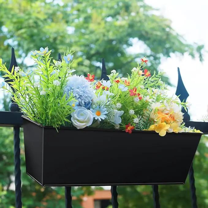 Railing Planter for Outdoor Plants 16 Inch Metal Rectangular Window Boxes with Adjustable Brackets and Drainage Hanging Flower Pots for Balcony Deck Railings Apartment Patio Decor Black(4PCS) by GreenHaven Gardens
