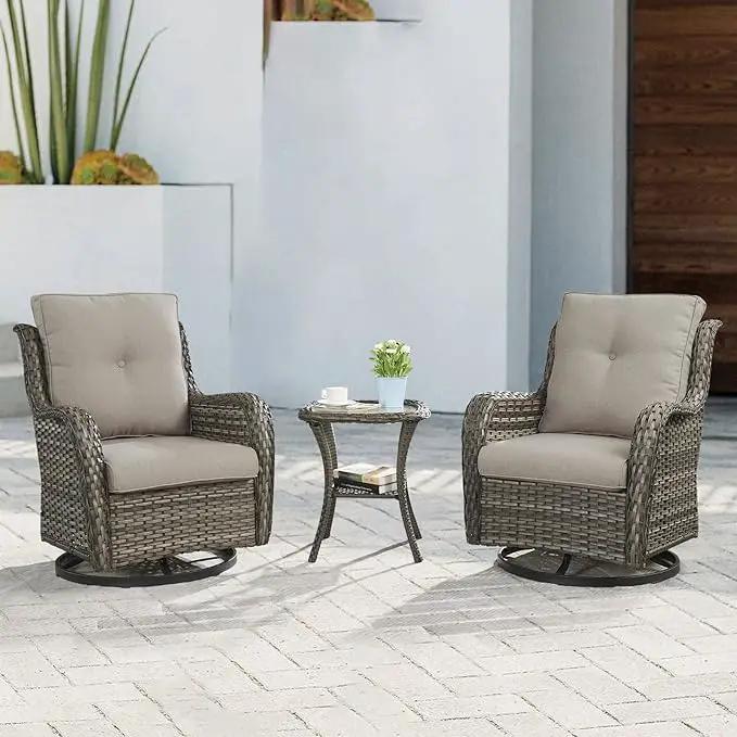 Outdoor Patio Swivel Rocker Chairs - 3 Piece Patio Bistro Set,Wicker Patio Furniture Set with 2 Swivel Rocking Chairs and 1 Glass Top Side Table for Deck Porch Garden,Mixed Grey/Grey by GreenHaven Gardens