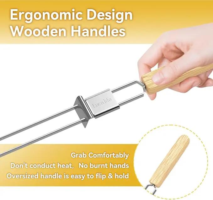 Skewers for Grilling, 17" (6 Pcs) Wooden Handle Double Pronged Stainless Steel Flat Kabob Skewers with Push Bar, Reusable Long Metal Skewer Sticks for Meat Chicken Vegetable, BBQ Accessories by GreenHaven Gardens