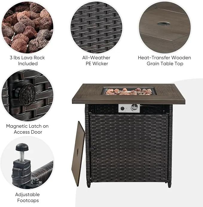 Outdoor Sectional Furniture Sofa Set with Propane Fire Pit Table, Wicker Patio Conversation Set with 2 Swivel Rocker Glider Chairs Grey Cushion Perfect for Backyard Casual Gathering by GreenHaven Gardens