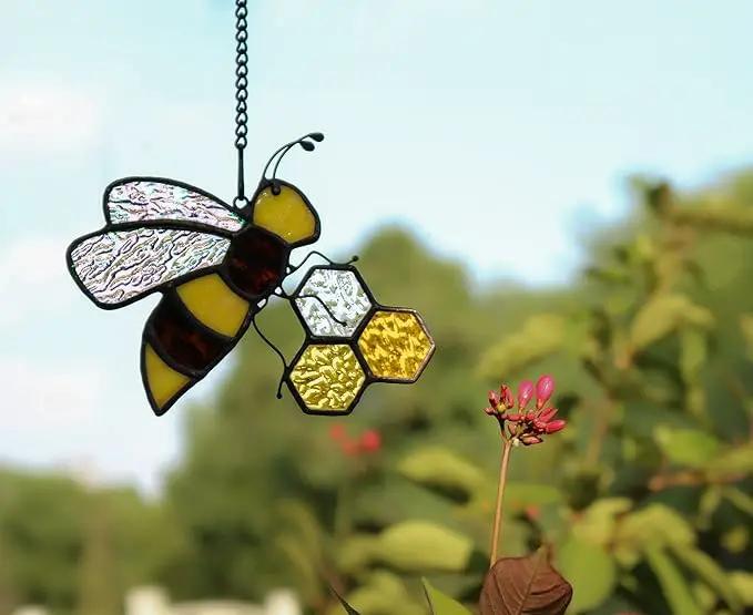 Bee On Honeycomb Stained Glass Window Hangings, Bee Suncatcher Garden Bee Decor Bee Gift for Mom Women by GreenHaven Gardens
