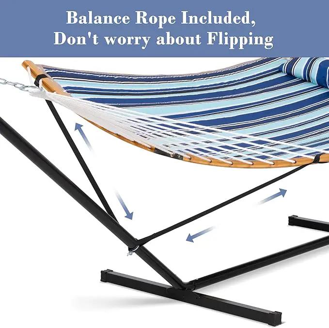SUNCREAT Double Hammock with Stand Included, Portable Hammock with Stand and Large Pillow, Blue Stripes by GreenHaven Gardens