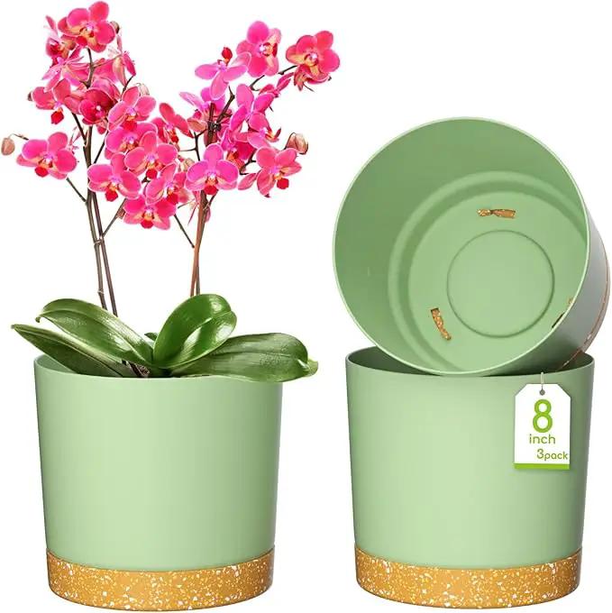 ZMTECH Plant Pots, Set of 3 8'' Self Watering Plastic Planter with Drainage Hole and Saucer, Modern Decorative Flower Pot for Indoor Outdoor House Plants, Succulents, Flowers - Green by GreenHaven Gardens