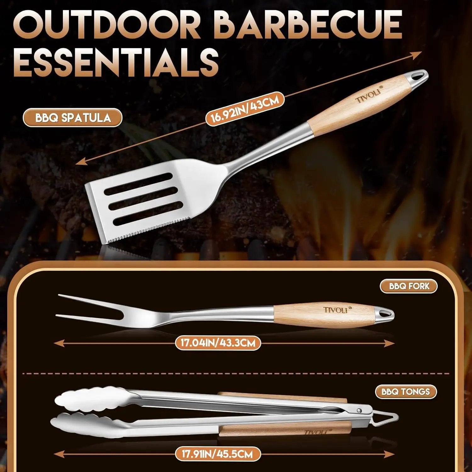 TIVOLI 3PCS Grilling Accessories, Heavy Duty BBQ Tool Set with Stainless Steel Spatula, Tongs, Fork, Wood Handles Barbecue Utensils Kit for Outdoor, Perfect Grill Gifts for Dad Men by GreenHaven Gardens