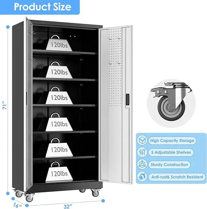 Metal Garage Storage Cabinet with Wheels & Pegboard, Lockable Metal Storage Cabinets with 2 Doors&5 Adjustable Shelves for Garage&Home,Assembly Required,Black Gray 71''H x32''W x16''D by GreenHaven Gardens