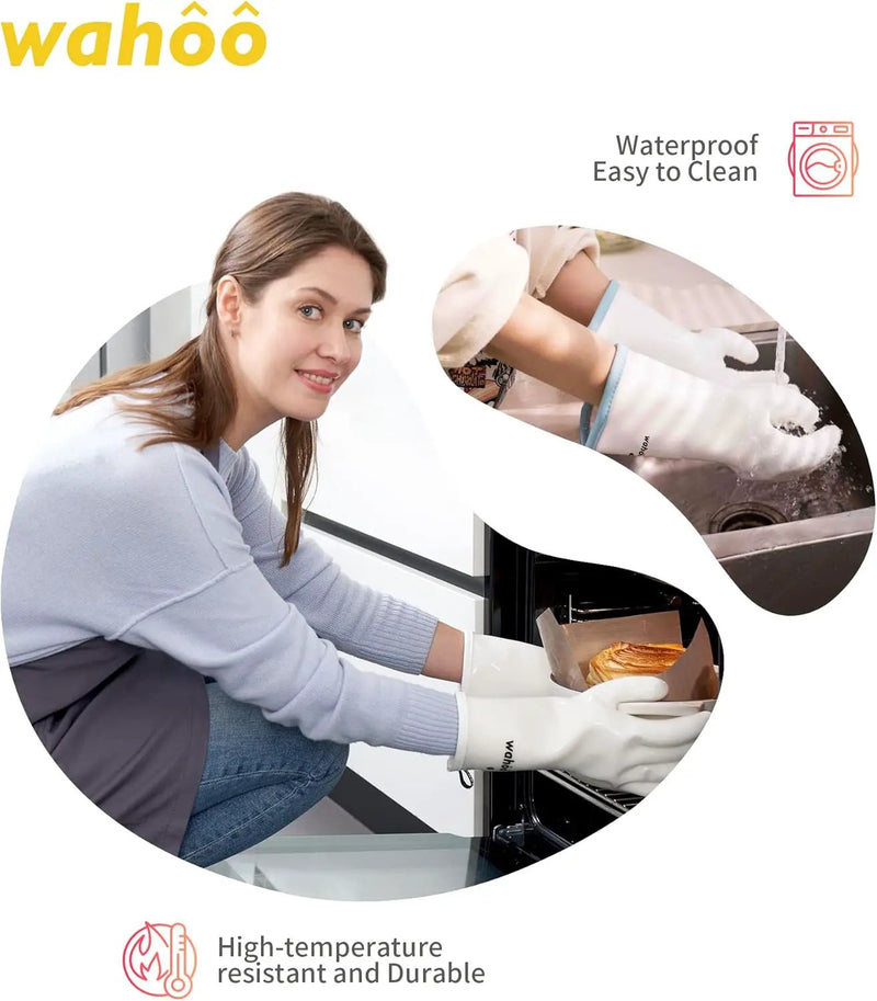 wahoo Professional Liquid Silicone Oven Mitts Gloves, Heat Resistant Gloves for Cooking, Baking, CoralAir Liner, 12 Inch, White, X-Large by GreenHaven Gardens