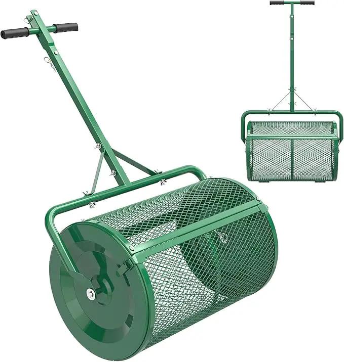 Seeutek Compost Spreader - 24" Peat Moss Spreader with 3 Heights, Top Soil Spreader W/Upgraded Side Latches Support Rod Powder Coated Metal Mesh Top Dressing Spreader for Lawn, 2 Way Uses-Push or Tow by GreenHaven Gardens