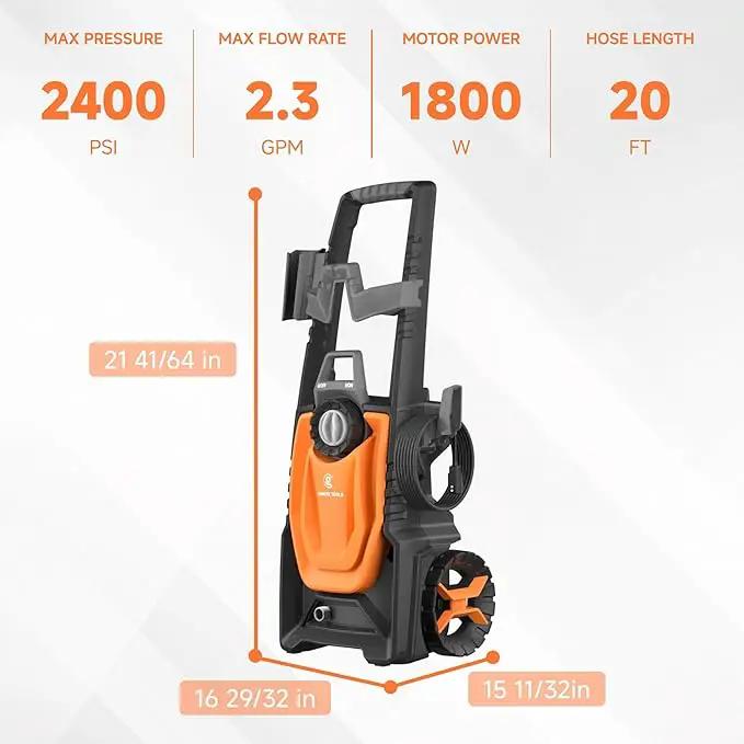 Giraffe Tools Electric Pressure Washer, 2400 PSI 2.3 GPM with 4 Quick-Connect Nozzles, 20FT Hose & Foam Cannon, Powerful Washer for Cars/Road/Driveways/Fences by GreenHaven Gardens