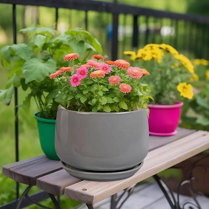 G EPGardening Ceramic Plant Pots - 9 Inch Modern Round Planter with Drainage and Plant Saucer for Indoor Outdoor Flower, Apartment Decor, Birthday Gifts, Grey by GreenHaven Gardens
